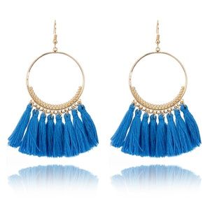 BE5 | Boho Hoop Blue Cotton Tassel Earrings